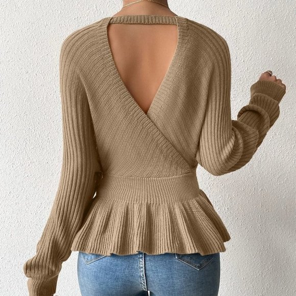 Khaki Preppy Womens Peplum Sweater - Picture 3 of 5